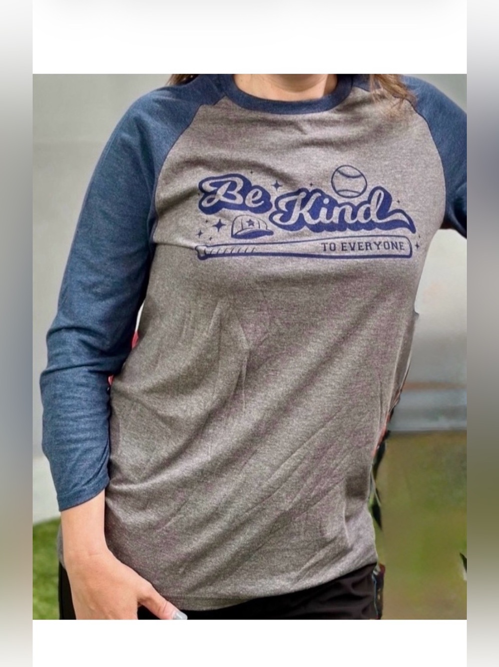 Baseball “Be Kind to Everyone” Raglan Tee w/crew neck & 3/4 sleeves- Gray & Blue